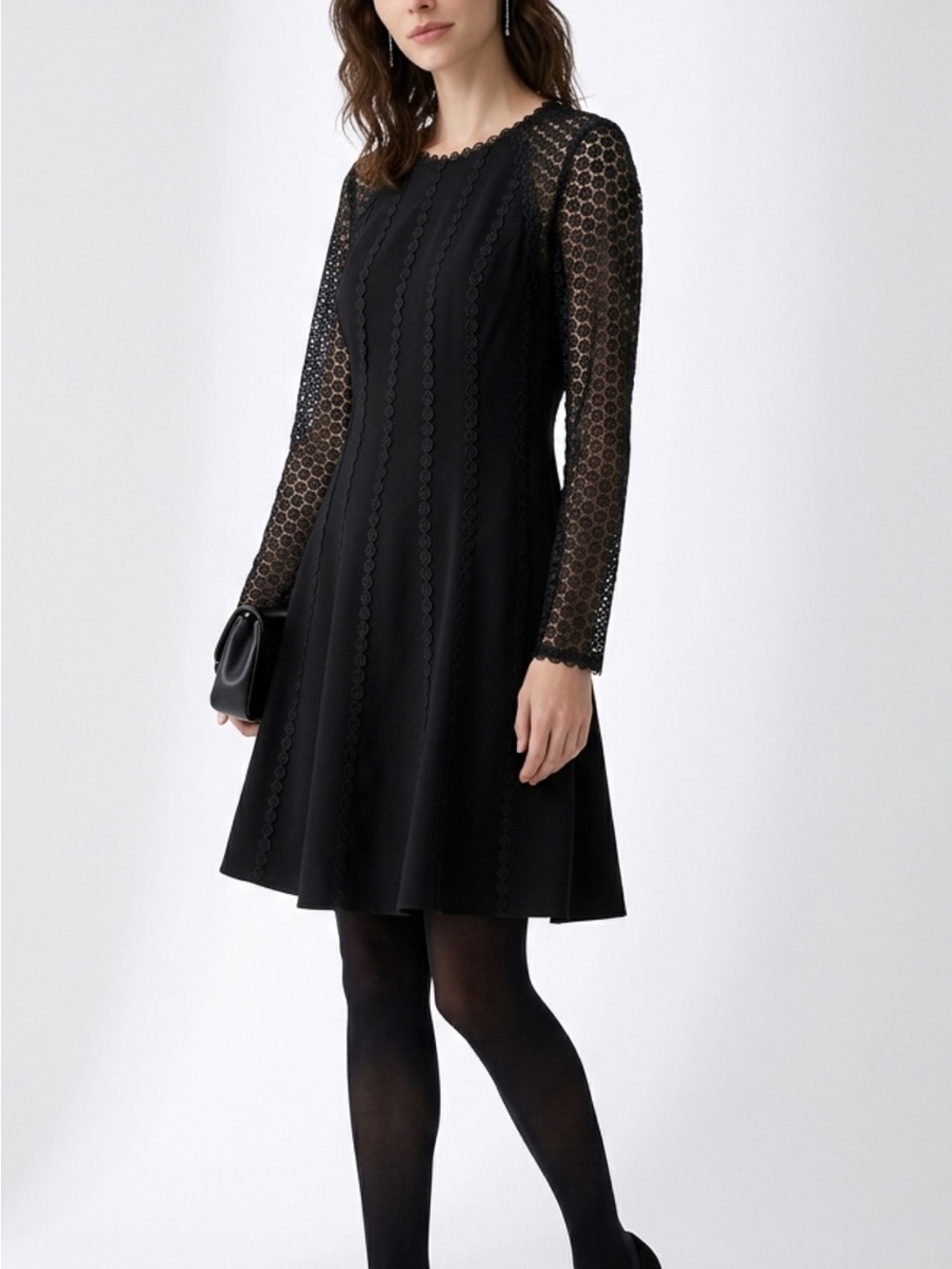 ANTONIO MELANI Black Long-Sleeve Lace A-Line Cocktail Dress